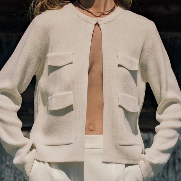 ZARA Women's Pocket Knit Cardigan(Ecru, US L, XL /EUR L, XL) - Picture 3 of 11